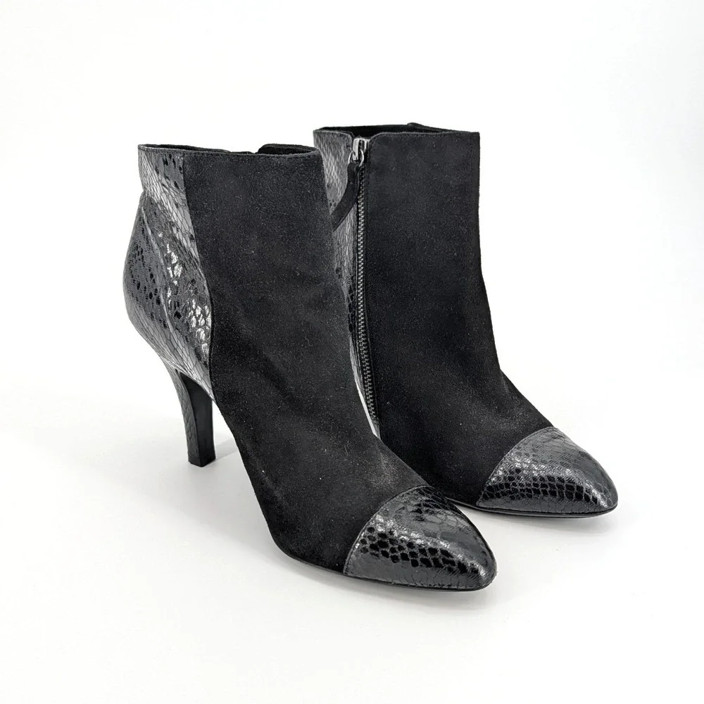 Söfft Makayla Ankle Boots Black Suede Snake Embossed Leather Heel Size 10M